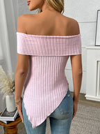 Ribbed Off-Shoulder Asymmetrical Hem T-Shirt