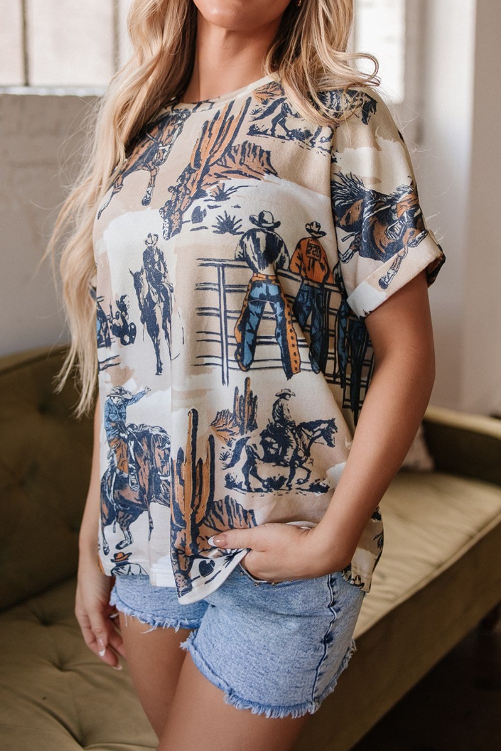 Cowboy Print Round Neck Short Sleeve T Shirt