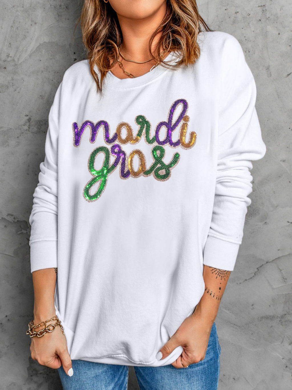 MARDI GRAS Sequin Long Sleeve Sweatshirt