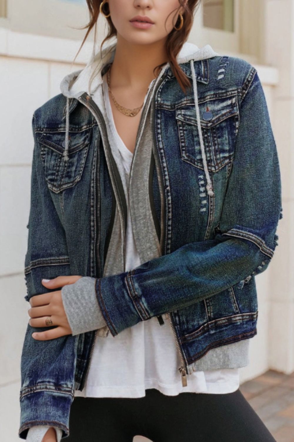 Fake Two-Piece Hooded Zip-Up Denim Jacket - felvior