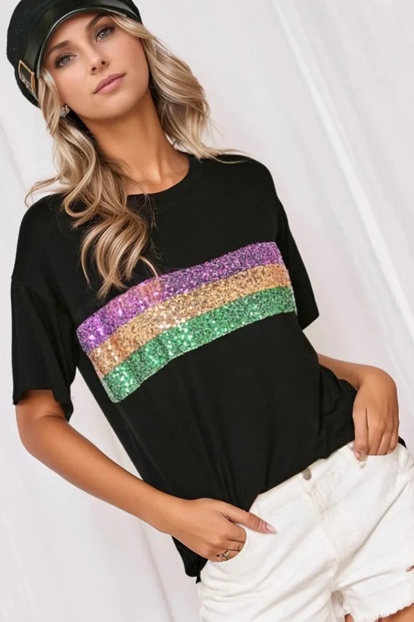 Sequin Stripes Crew Neck T Shirt Image principale du produit