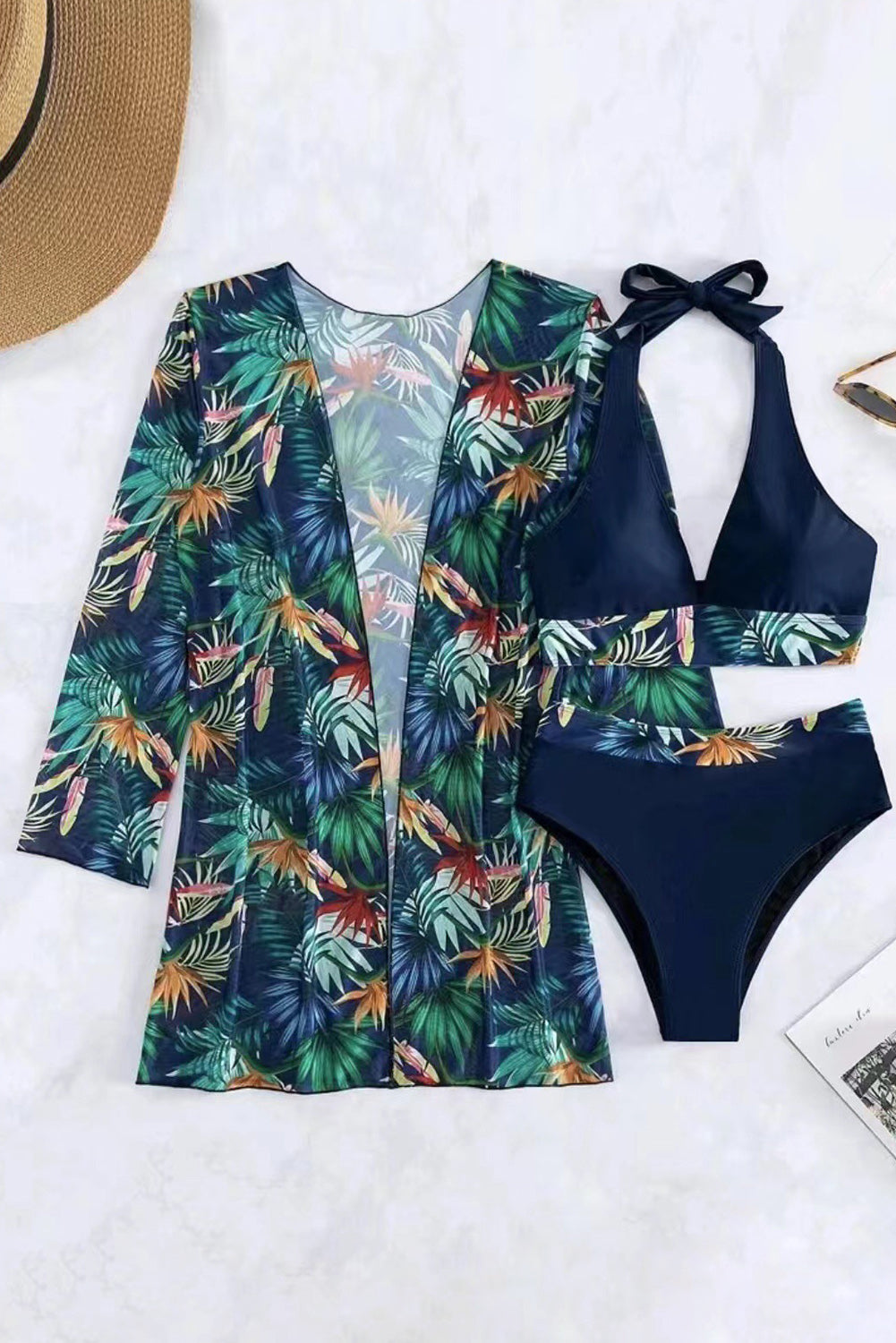 Printed Halter Neck Three-Piece Swim Set - felvior