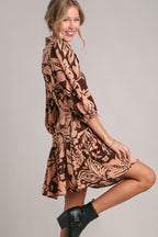 Umgee Full Size Two Tone Floral Print Puff Sleeve Tie Waist Dress Plus Size