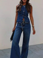 Button Down Vest and Flare Jeans Denim Set