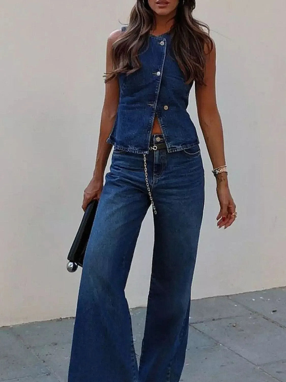 Button Down Vest and Flare Jeans Denim Set