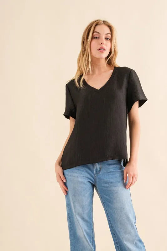 And The Why Textured Woven Short Sleeve T-Shirt - felvior