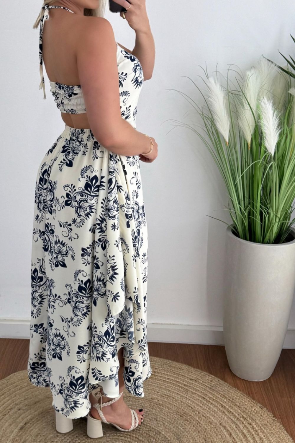 Smocked Printed Halter Neck Dress - felvior