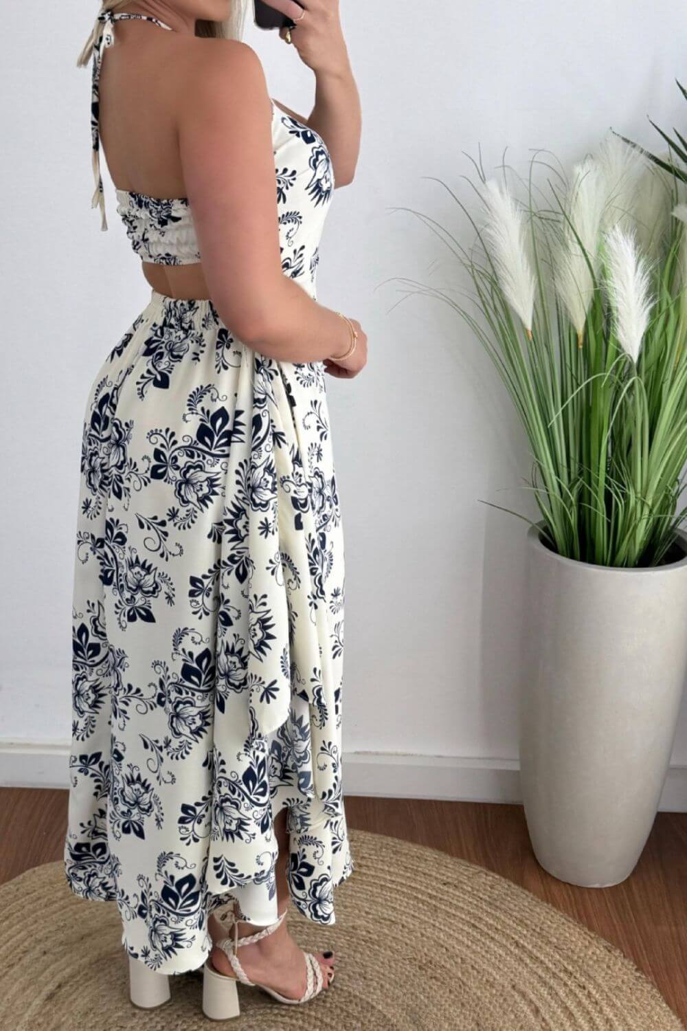 Smocked Printed Halter Neck Dress