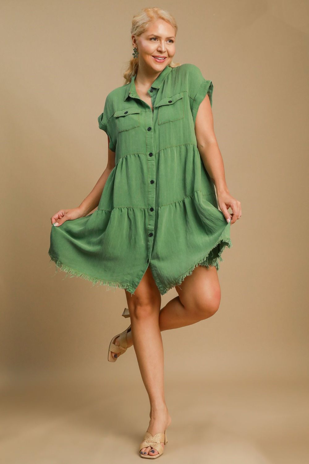 Umgee Full Size Frayed Hemline Button Down Shirt Dress Plus Size - felvior