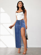 High Rise Slit Denim Skirt