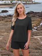 Round Neck Short Sleeve Top and Shorts Sweater Set