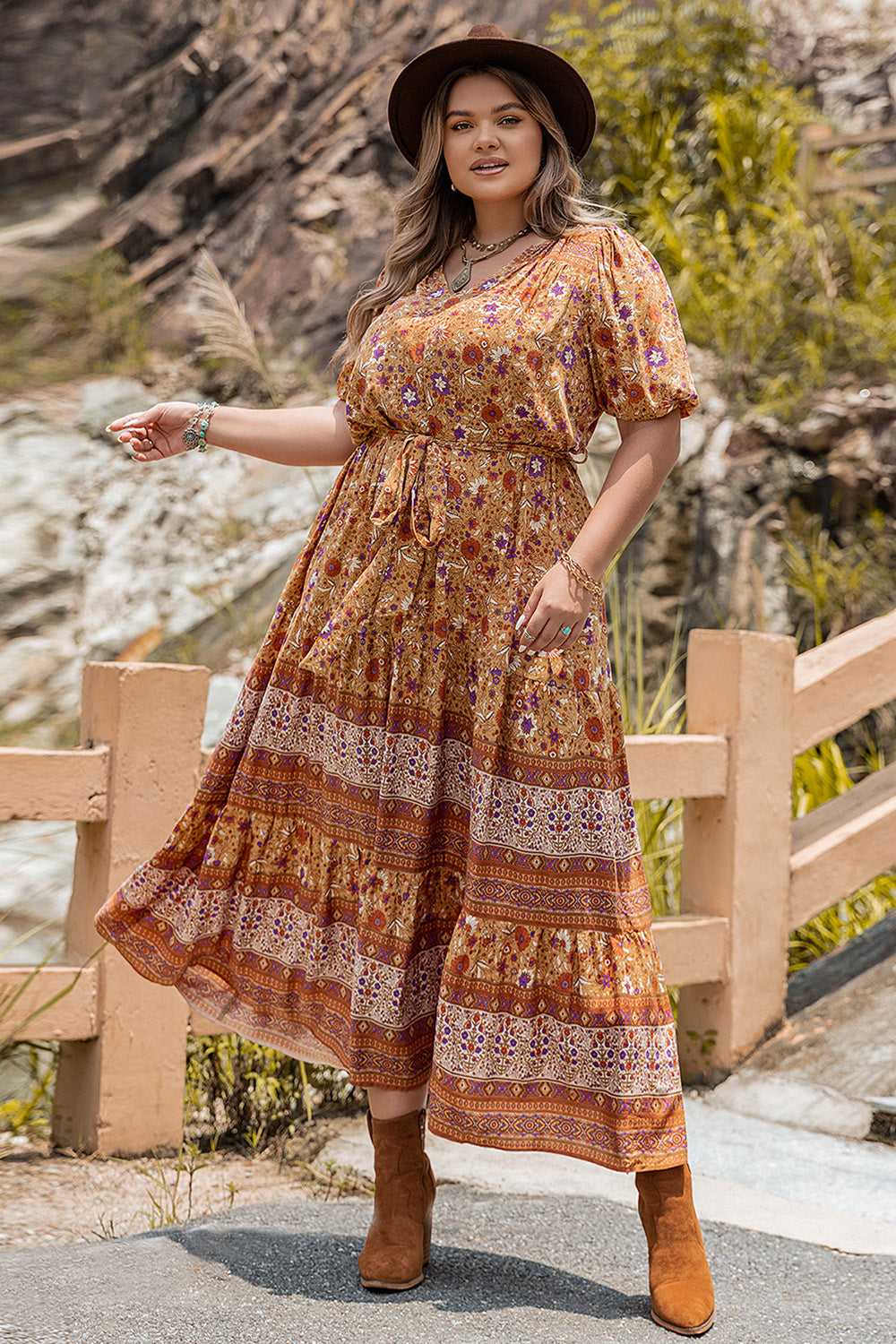 Plus Size Tie Waist Puff Sleeve Dress - felvior
