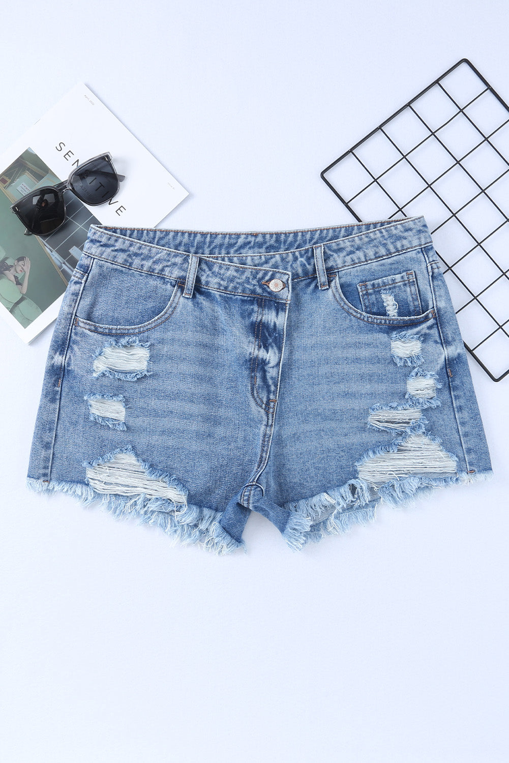 High Rise Crossover Waist Denim Shorts - felvior