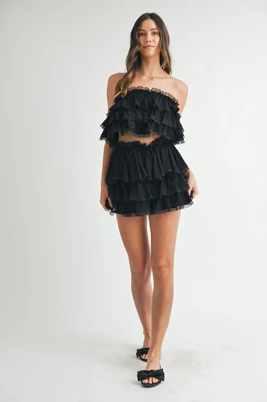 MABLE Ruffle Layered Crop Top and Mini Skirt Set - felvior
