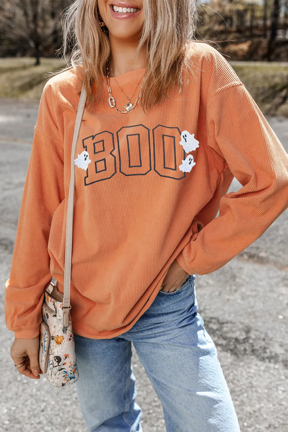 BOO Round Neck Long Sleeve Sweatshirt - felvior