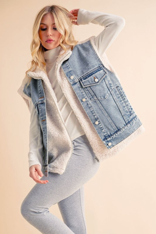 Aemi + Co Fake Two Pieces Denim Patch Sherpa Vest Coat - felvior