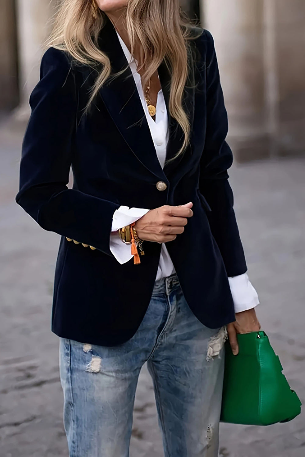 One Button Lapel Collar Long Sleeve Blazer - felvior