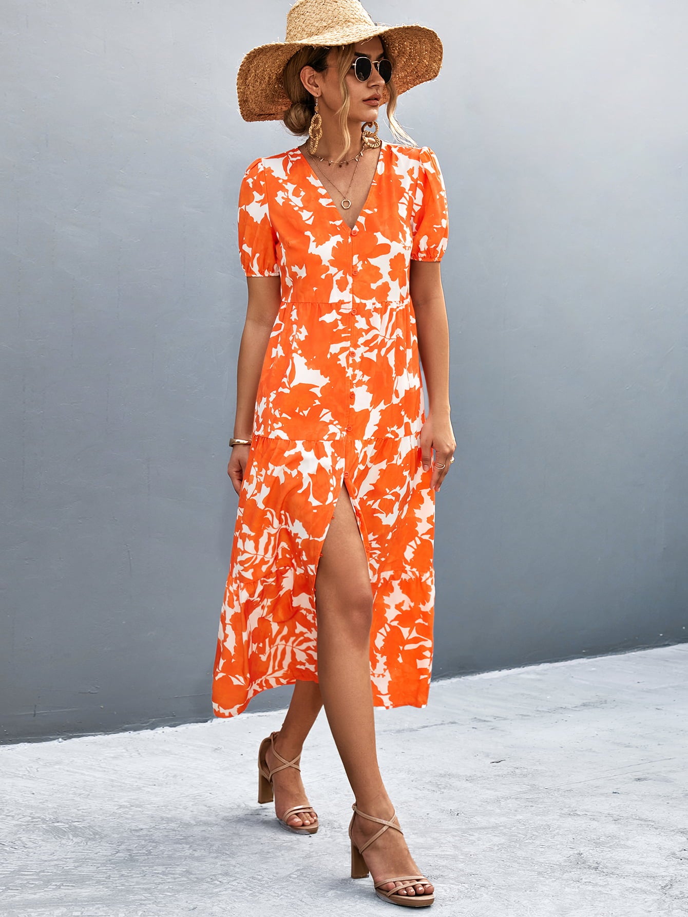 V-Neck Short Sleeve High Slit Midi Dress - felvior