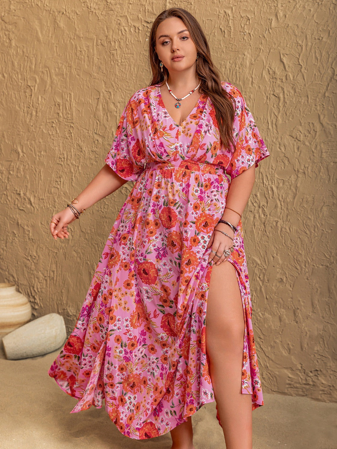 Plus Size Slit Floral V-Neck Half Sleeve Maxi Dress - felvior