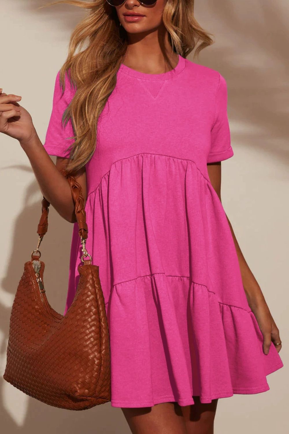 Tiered Round Neck Short Sleeve Mini Dress - felvior