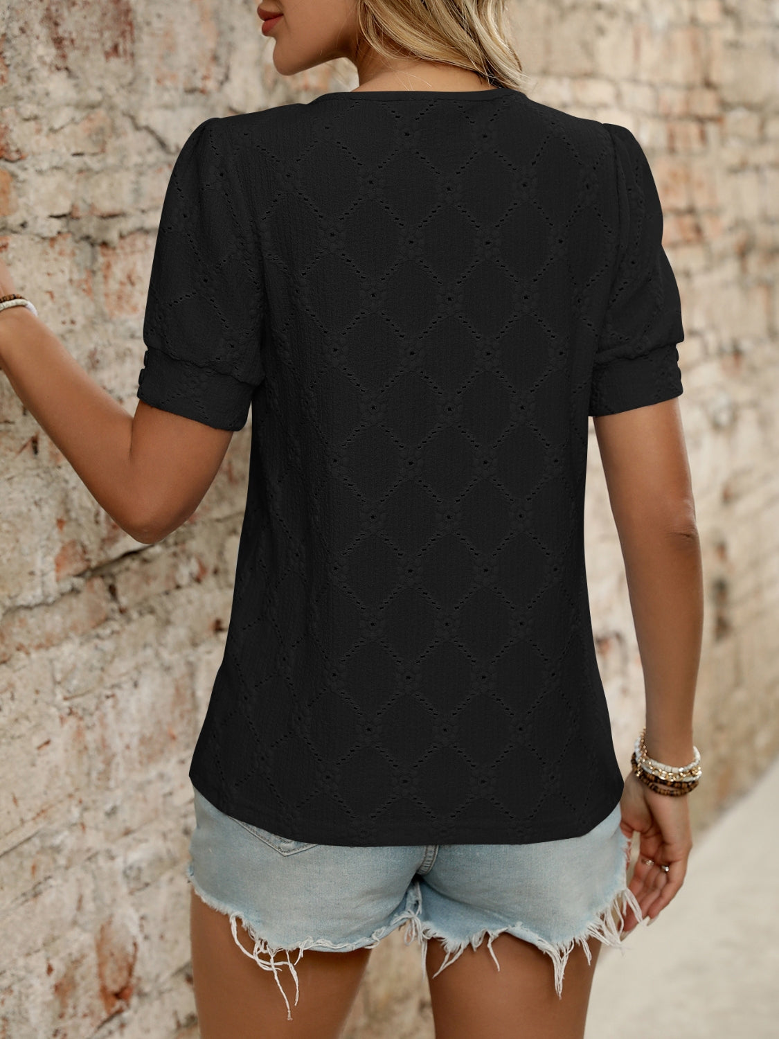 Eyelet Round Neck Short Sleeve Top