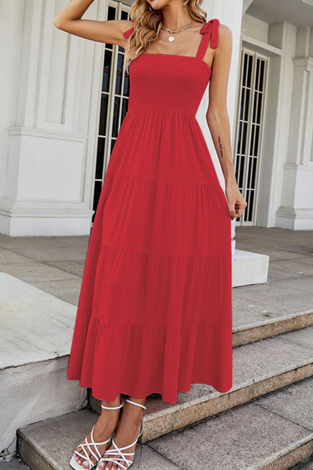 Tie-Shoulder Smocked Tiered Dress - felvior