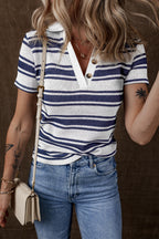 Stripe Johnny Collar Short Sleeve Knit Top