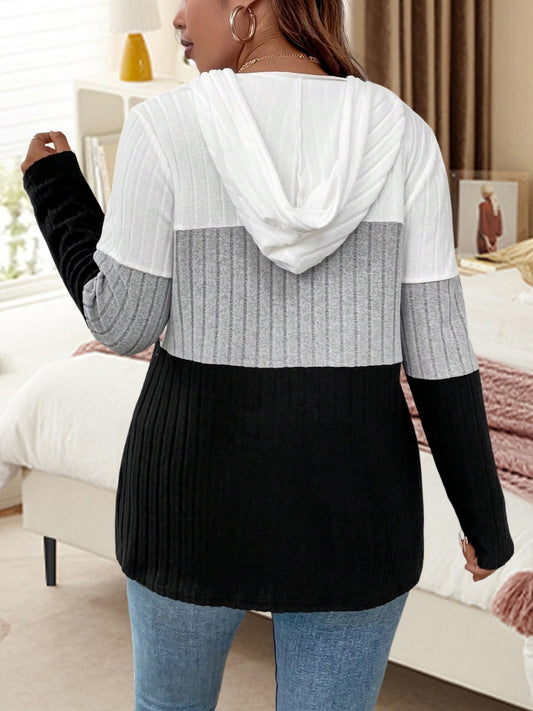 Plus Size Drawstring Color Block Long Sleeve Hooded Top - felvior