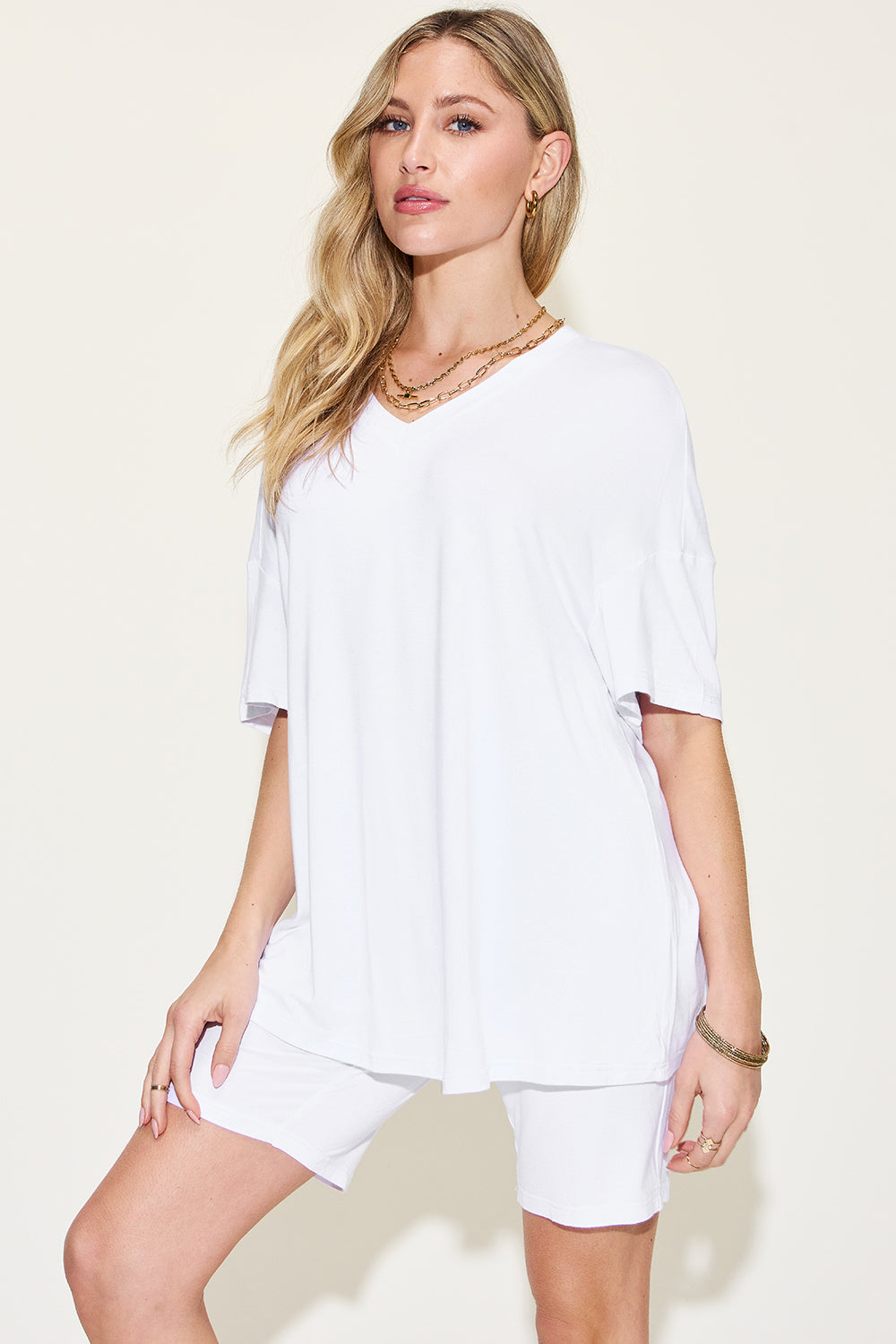 Basic Bae Full Size V-Neck Drop Shoulder T-Shirt and Shorts Set - felvior