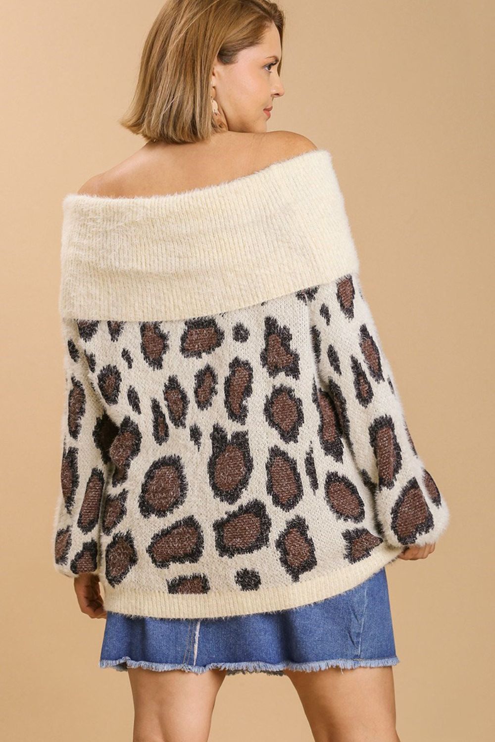 Umgee Full Size Leopard Off-Shoulder Long Sleeve Sweater Plus Size