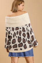 Umgee Full Size Leopard Off-Shoulder Long Sleeve Sweater Plus Size