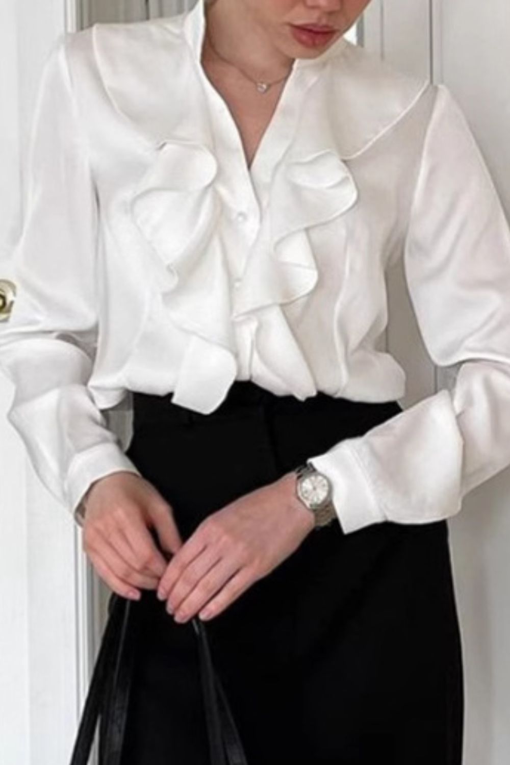 Ruffled Notched Long Sleeve Shirt