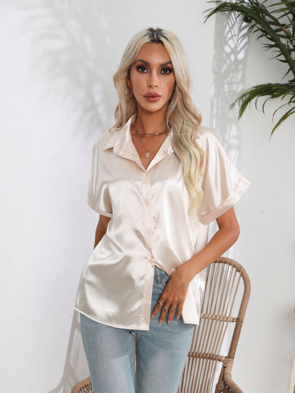 Button Down Collared Neck Short Sleeve Satin Shirt