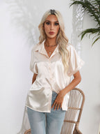 Button Down Collared Neck Short Sleeve Satin Shirt