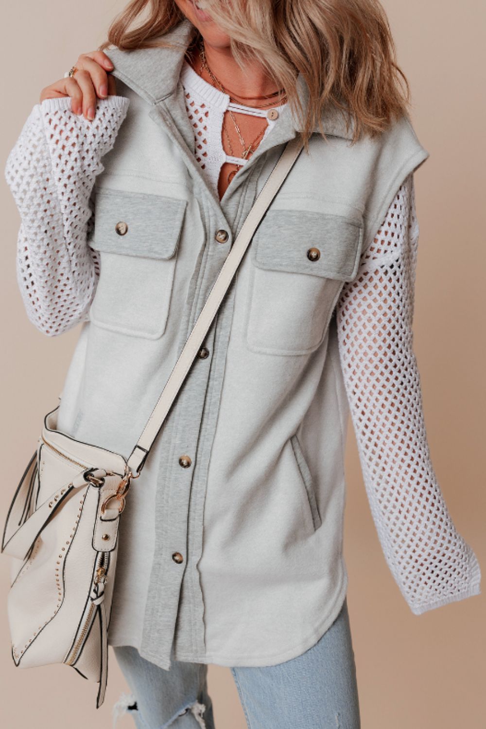 Pocketed Curved Hem Button Up Vest - felvior