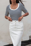 Striped Contrast Scallop Trim Half Sleeve T-shirt