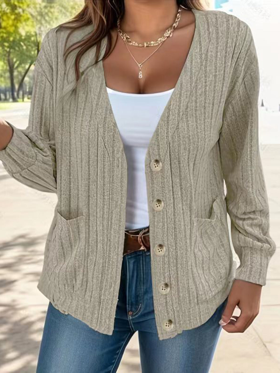 Full Size Button Up V-Neck Long Sleeve Cardigan - felvior