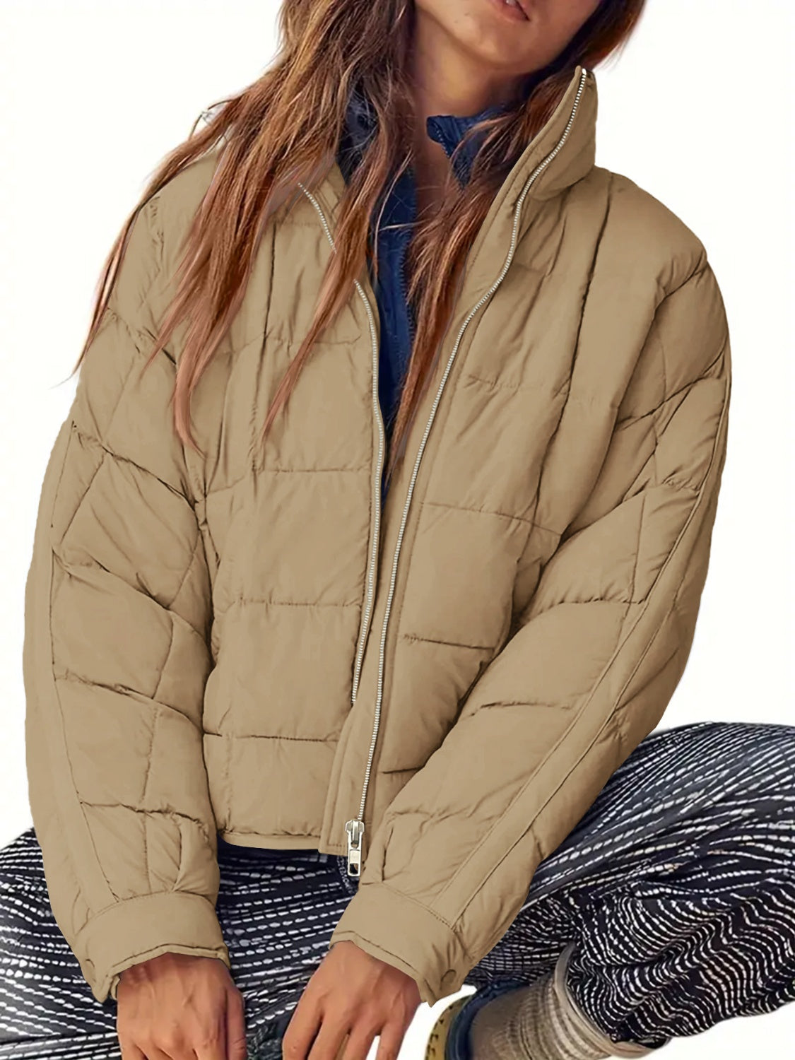 Pocketed Plaid Quilted Zip Up Winter Coat - felvior