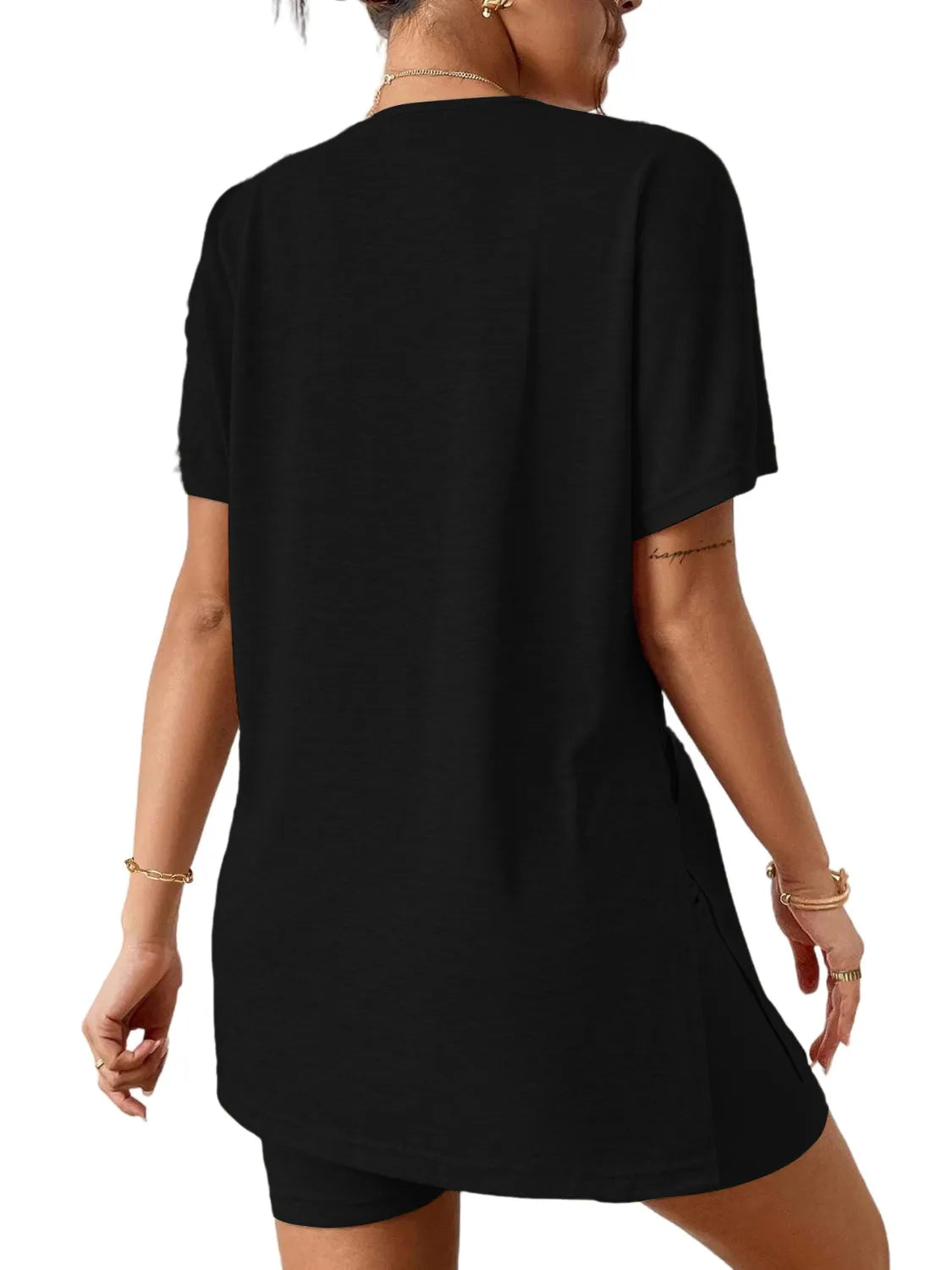 Slit Round Neck Short Sleeve Oversized Top and Shorts Set - felvior