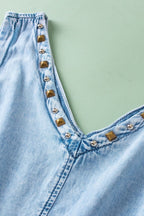 Raw Hem Studded V-Neck Drawstring Sleeveless Denim Romper