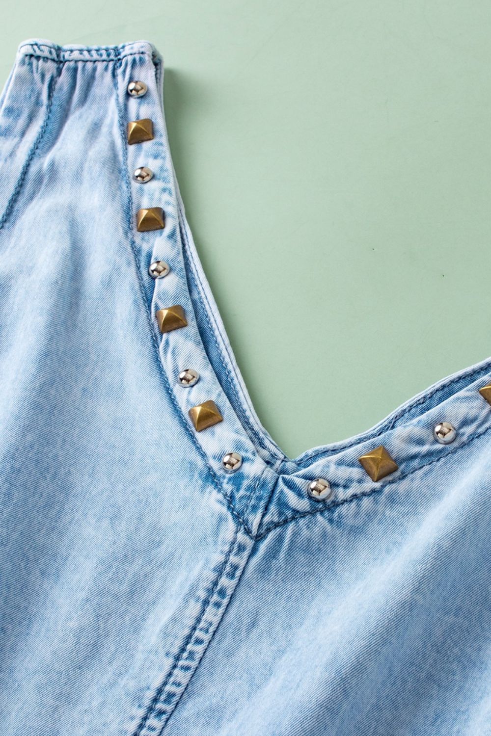 Raw Hem Studded V-Neck Drawstring Sleeveless Denim Romper