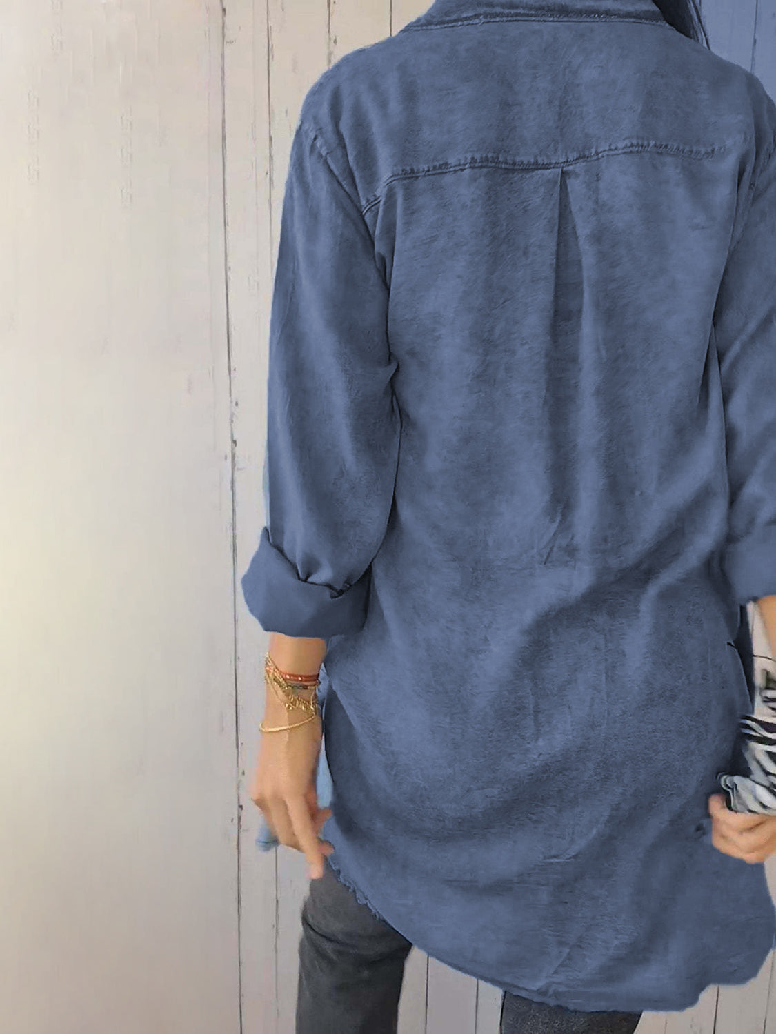 Full Size Raw Hem Button Up Long Sleeve Denim Top Plus Size - felvior
