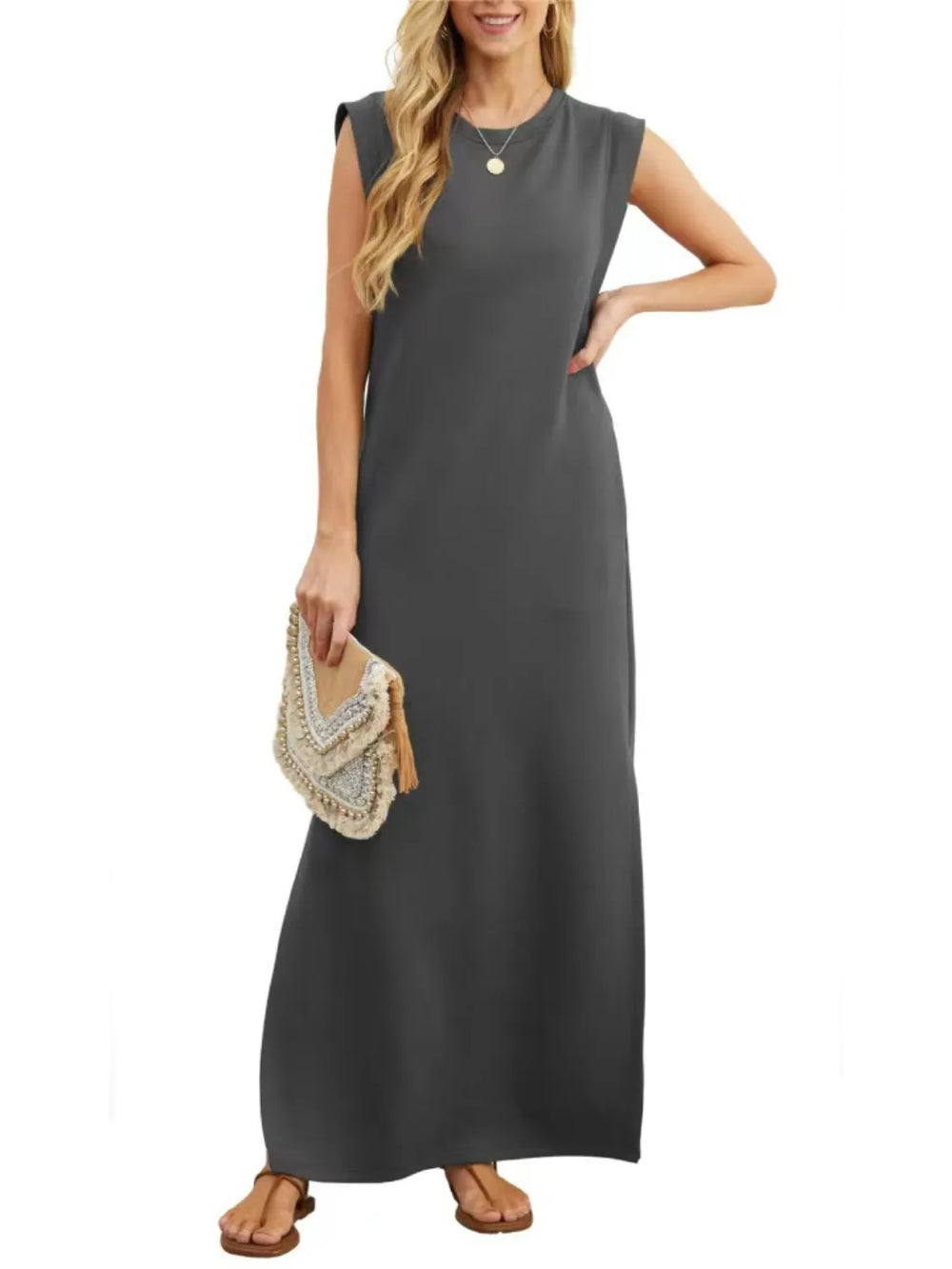 Full Size Slit Round Neck Sleeveless Maxi Tank Dress Plus Size