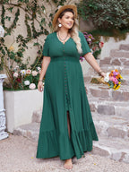 Plus Size Button Detail V-Neck Short Sleeve Maxi Dress