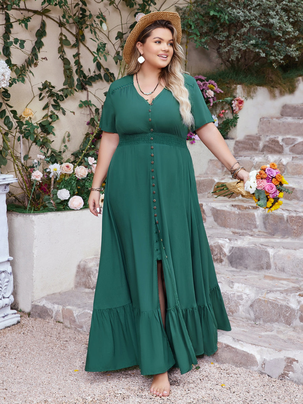 Plus Size Button Detail V-Neck Short Sleeve Maxi Dress