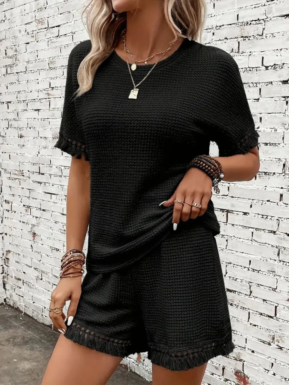 Tassel Round Neck Top and Shorts Set - felvior