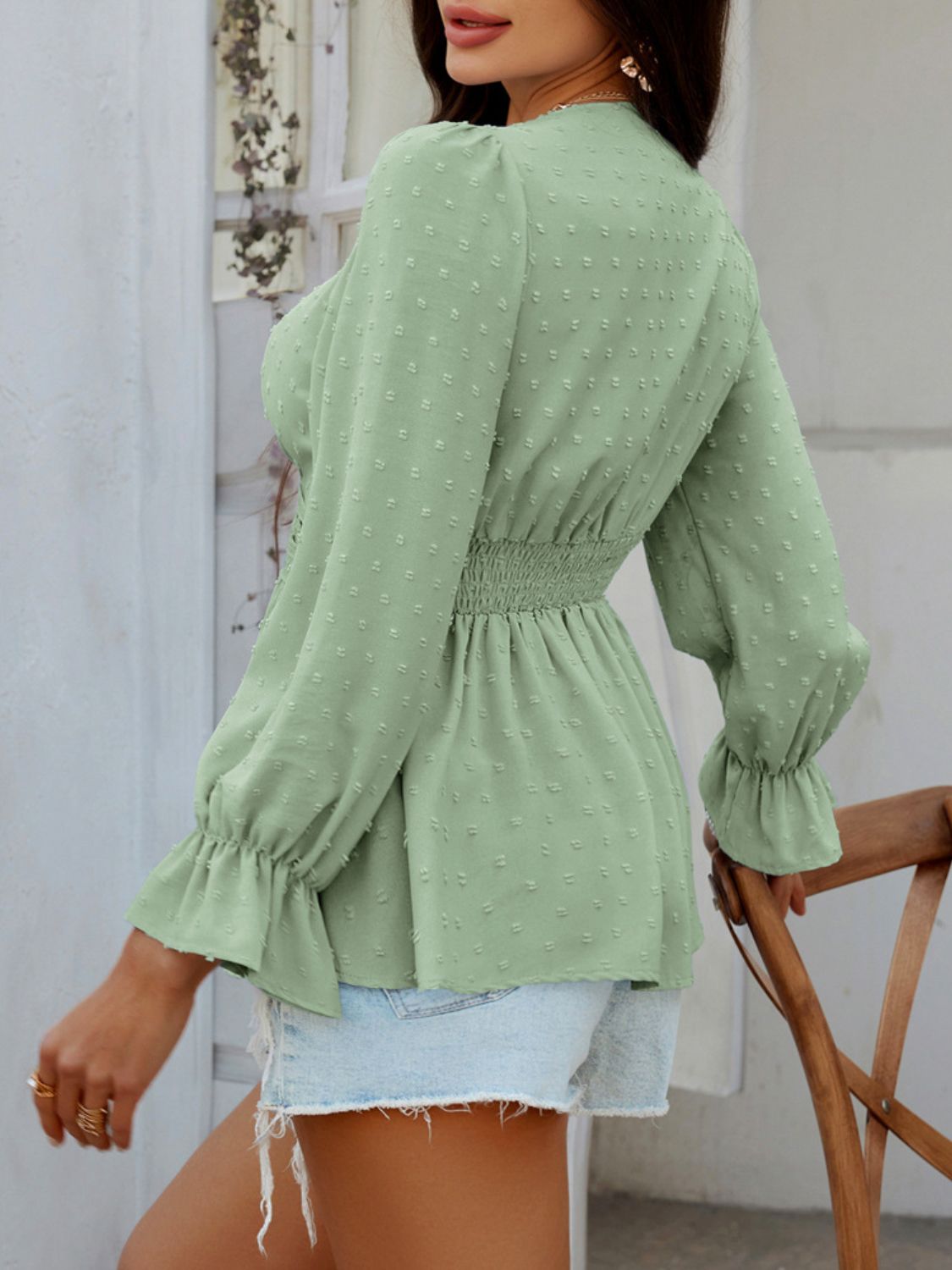 Devine Swiss Dot Lace Detail Surplice Flounce Sleeve Blouse - felvior