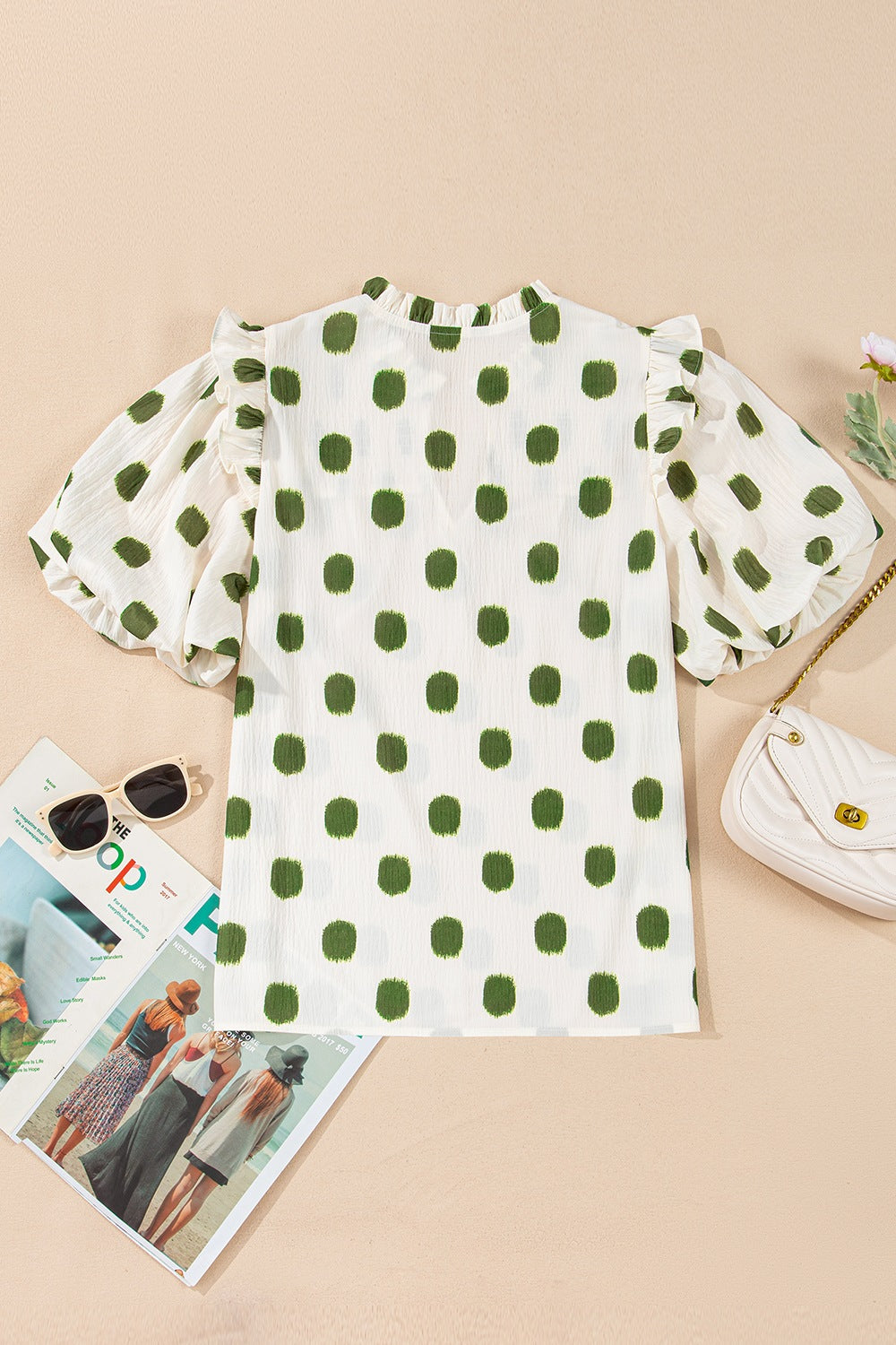 Polka Dot Shirred Yoke Notched Neck Puff Sleeve Blouse - felvior