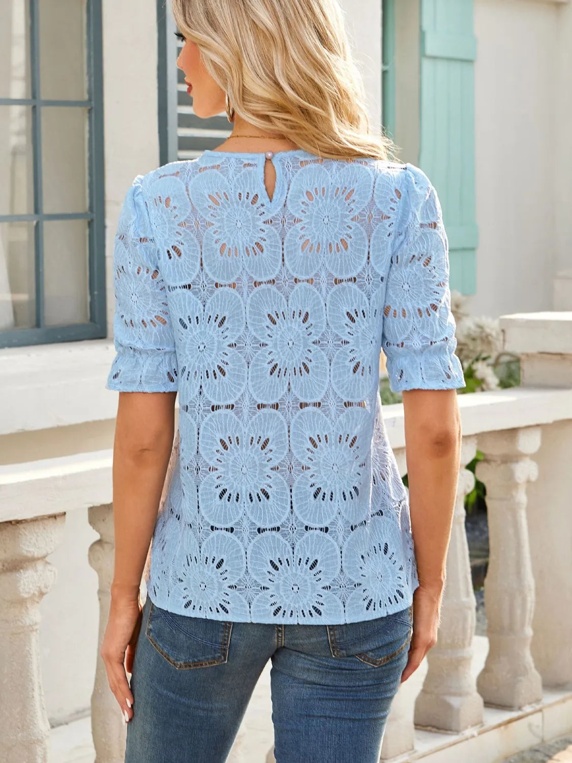 Openwork Round Neck Short Sleeve Top