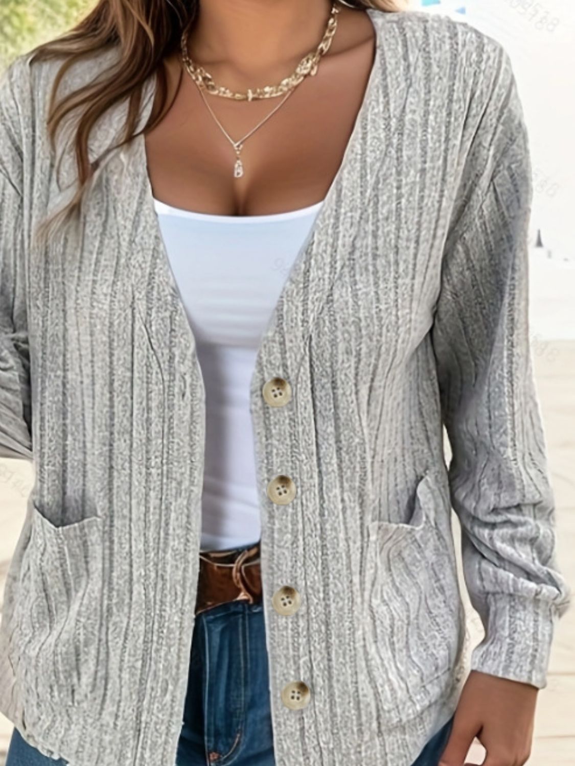 Full Size Button Up V-Neck Long Sleeve Cardigan - felvior